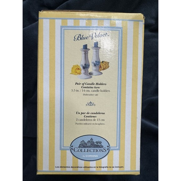 VTG‎ Corning Candlestick Pair In Blue Velvet pattern, Roses Country Farmhouse - Picture 7 of 9
